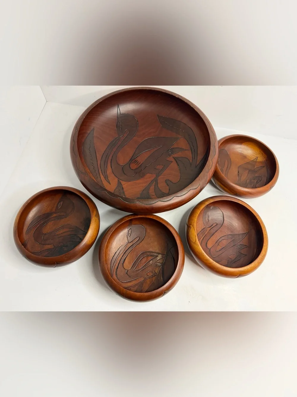 Mid-Century Modern 5-Piece Hand-Carved Mahogany Serving Set Salad Stunning Vtg